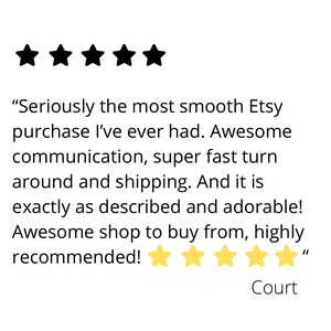 May include: Five star review for an Etsy shop. The review reads "Seriously the most smooth Etsy purchase I've ever had. Awesome communication, super fast turn around and shipping. And it is exactly as described and adorable! Awesome shop to buy from, highly recommended!" The reviewer's name is Court.