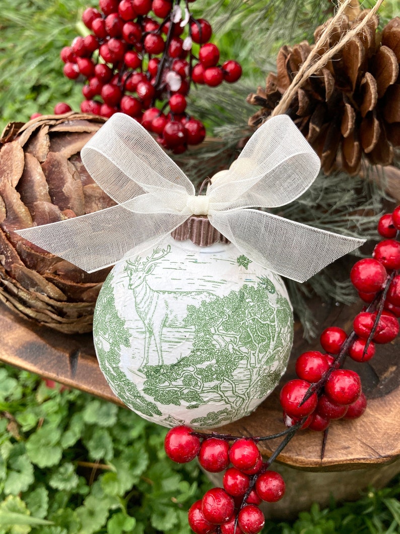 Sets of Toile Christmas Ornaments, French Country Decoupage Ornament, Nature Christmas Balls, Classic Handmade Christmas Ornaments