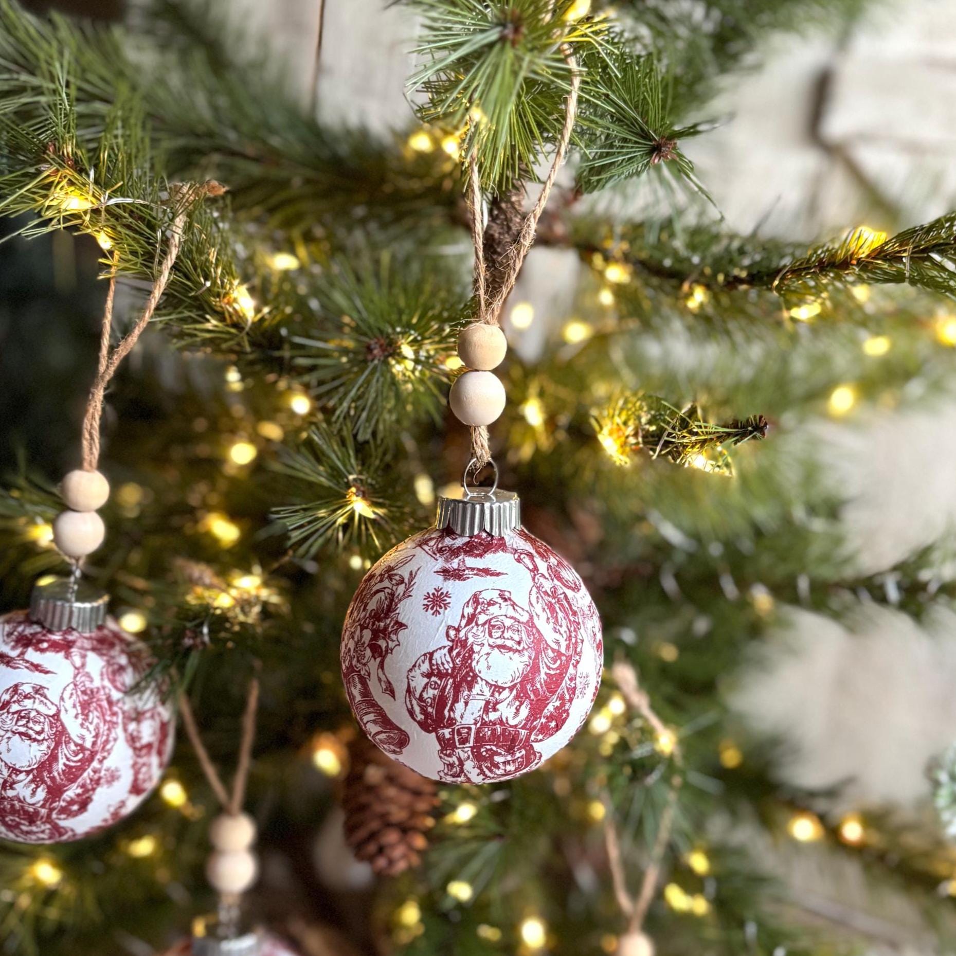 Sets of Red Toile Christmas Ornaments, Saint Nicholas Decoupage