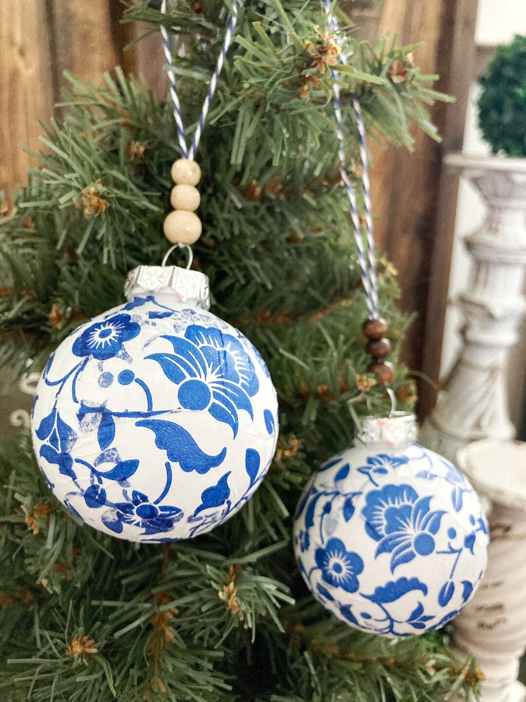 Farmhouse Inspired Christmas Yarn Covered Ornaments Cottage Ornament Navy  and White Ornaments Tiered Tray Decor Bowl Filler -  Canada