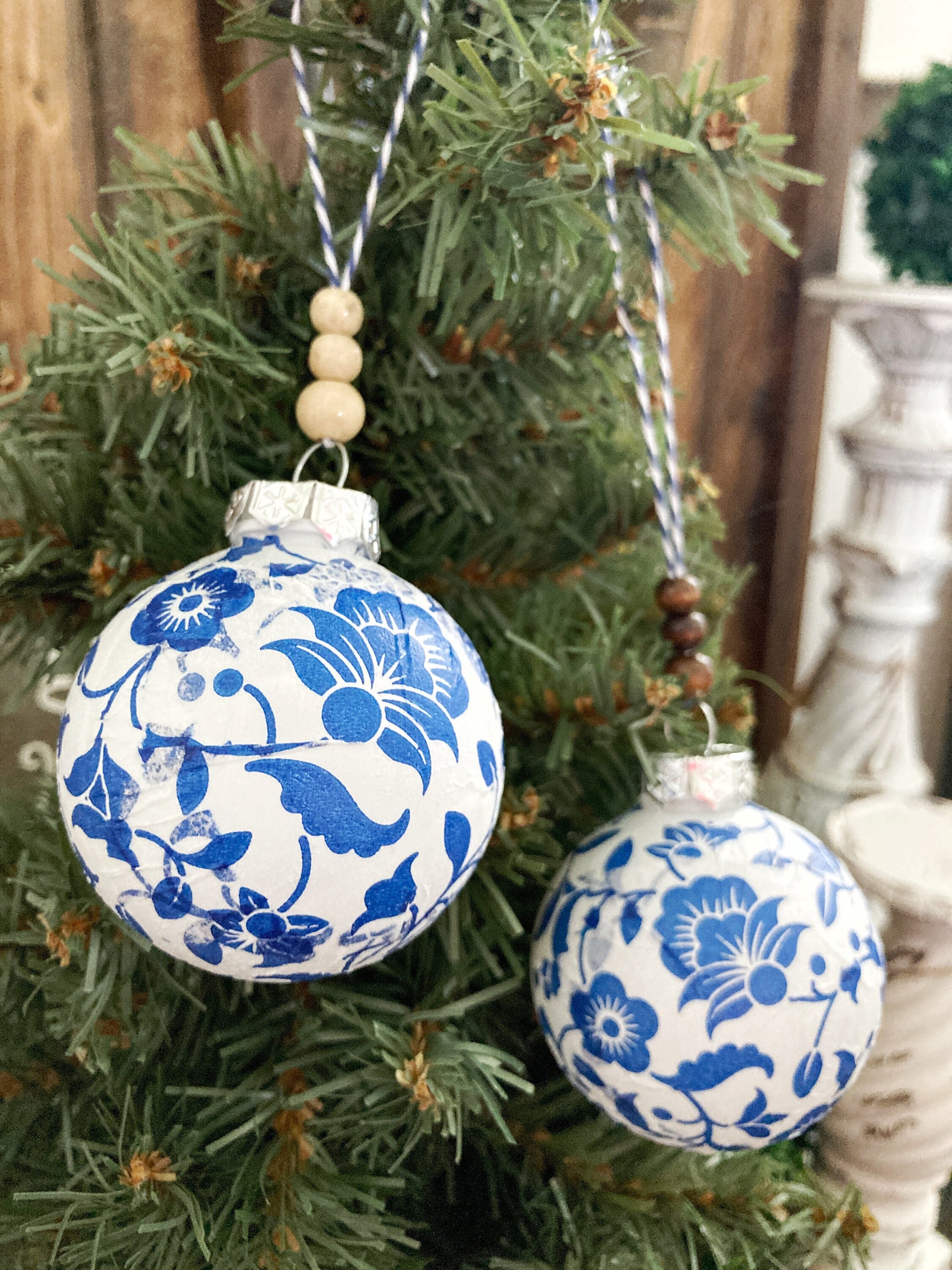 Sets of Farmhouse Christmas Ornaments Handmade, Blue & White