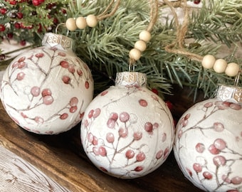 Sets of Winter Berry Handmade Christmas Ornaments, White & Red Christmas Tree Decor, Unique Decorations, Vintage Inspired Baubles