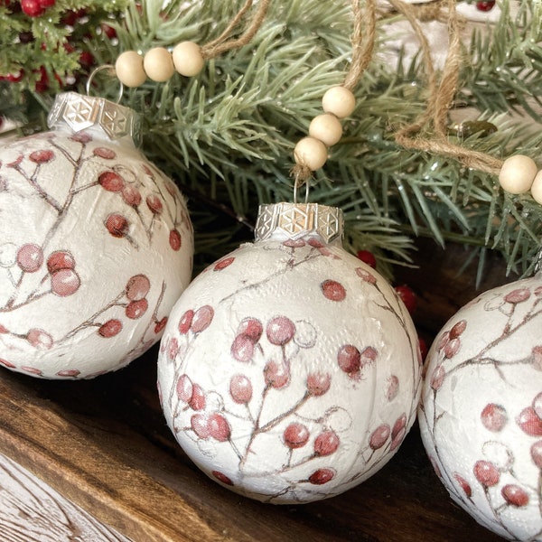 Sets of Winter Berry Handmade Christmas Ornaments, White & Red Christmas Tree Decor, Unique Decorations, Vintage Inspired Baubles