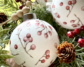 Set of 3 Winter Berry Handmade Christmas Ornaments, Red Christmas Tree Decoration, Unique Teacher Gifts, Vintage Inspired Bauble Decor