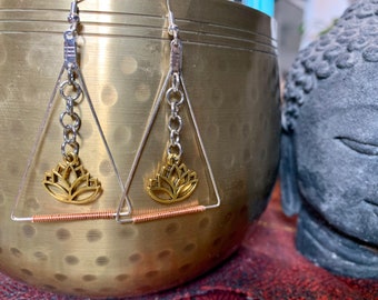 BoHo Earrings Gold Earrings Lotus Earrings Dangle Earrings Spiritual Earrings Metal Earrings