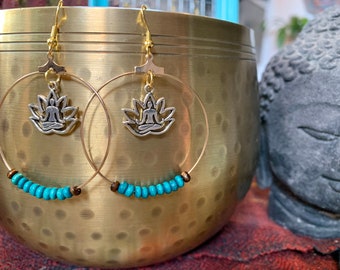 BoHo Earrings Meditation Earrings Lotus Earrings Dangle Earrings Spiritual Earrings Metal Earrings Gold Earrings Blue Earrings Wood Earrings