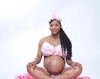 Floral Maternity Bra Crown and Bottoms Pregnancy Photos 