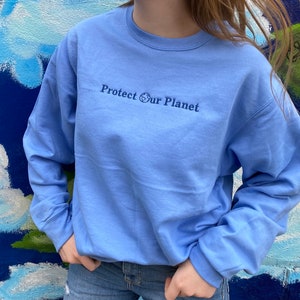 May include: A light blue sweatshirt with the text "Protect Our Planet" and a small globe symbol embroidered on the front.
