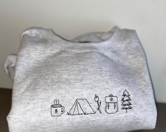 Embroidered Camping Crewneck Sweatshirt- Campfire, Hiking, Tenting, Hot Chocolate, S’more, Backpack, Trees