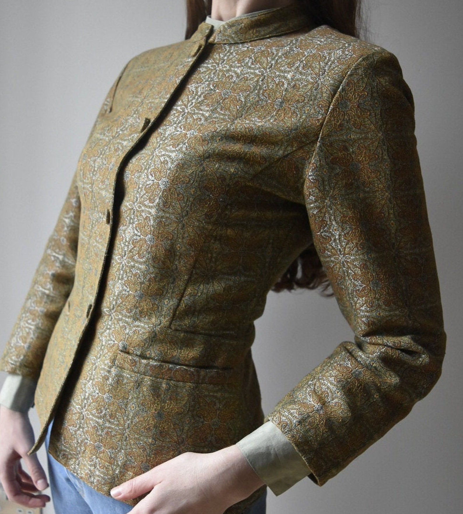 Vintage green and gold jacquard jacket with mandarin collar Etsy