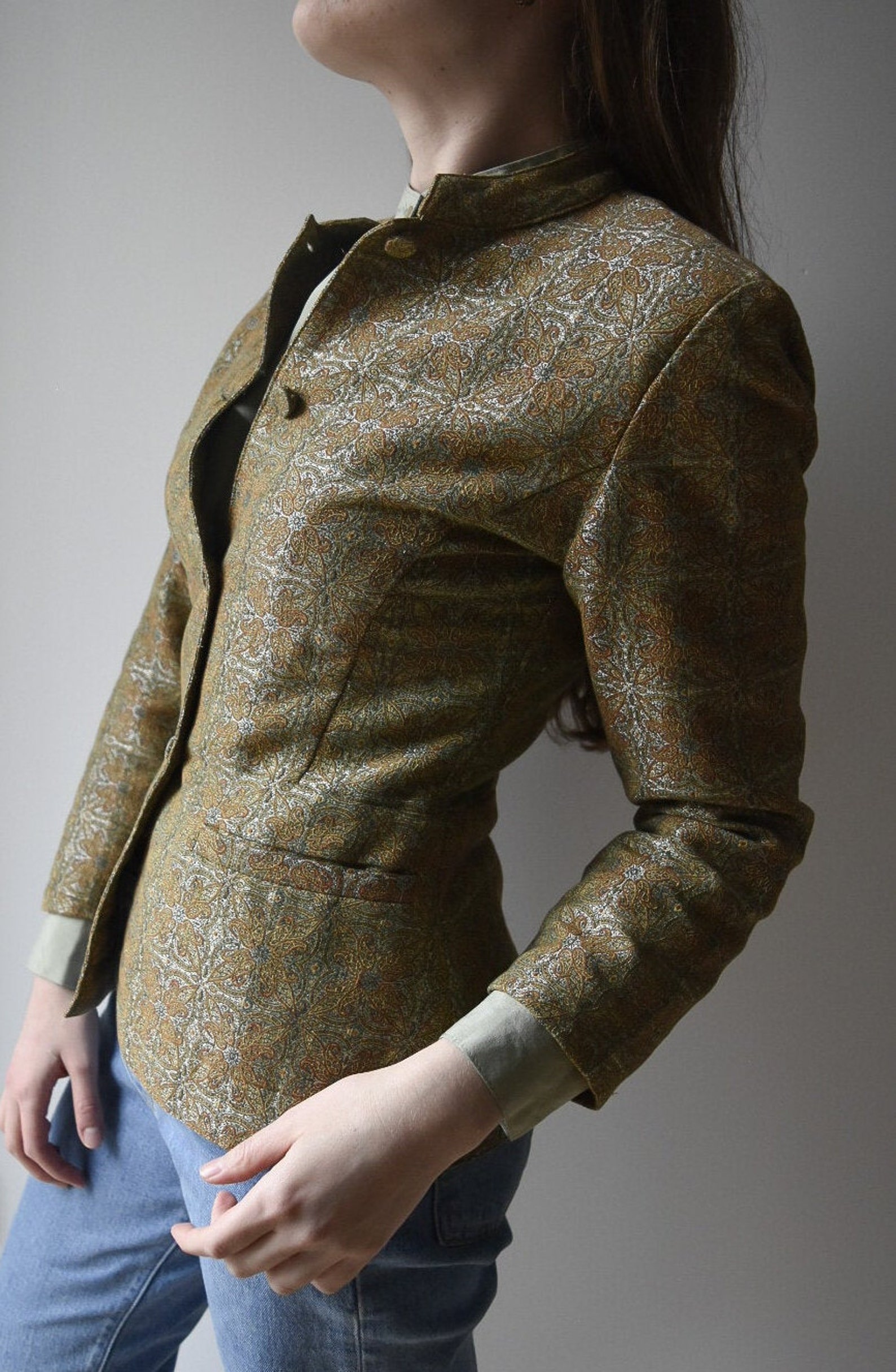 Vintage green and gold jacquard jacket with mandarin collar Etsy