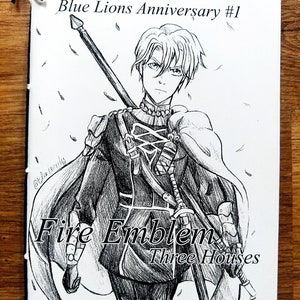May include: Black and white illustration of a character from the Fire Emblem: Three Houses video game. The character is holding a sword and wearing a uniform. The text "Blue Lions Anniversary #1" and "By Blue Lazuly" are also visible.