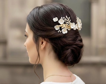 Gold Leaf Bridal Hair Comb, Vintage Porcelain Flower Wedding Hair Jewelry