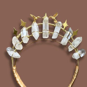 Celestial Clear Quartz Crown, Gold Star and Birds Tiered Bridal Headpiece