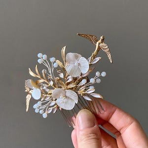 Brudhårskam i art déco-stil, lagerbladsguld, fågelbröllopsdekoration