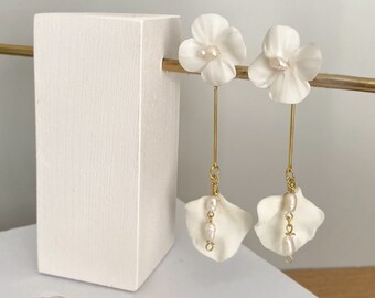 Bridal White Ceramic Flower Earrings, Wedding Pearl Stud Earrings