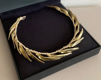 Corona de pelo de hoja de laurel de oro, tocado de frente nupcial rústico, hojas de pelo de boda
