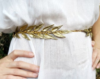 Bridal Belt for Wedding Dress, Gold Leaf Bridal Belt, Thin Bridal Belt, Simple Beaded Sash, Wedding Belt Earthy