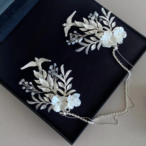 Silver Bridal Hair Chain, Art Deco Flower &  Birds Wedding Headpiece