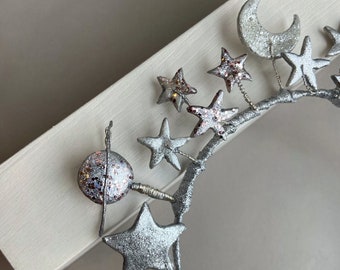 Silver Celestial Crown, Star and Saturn Birthday Headband