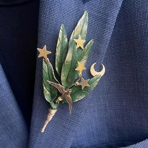 Celestial Groom Lapel Pin, Handmade Art Deco Olive Leaf Brooch