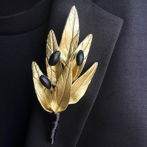 Golden Olive Leaf Brooch, Rustic Boho Wedding Boutonniere