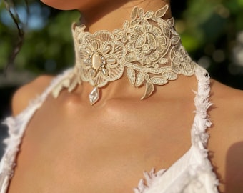 Hand-Stitched Lace Choker Necklace | Victorian Bridal Collar | Pearl Drop Neckpiece | Rococo Wedding Jewelry