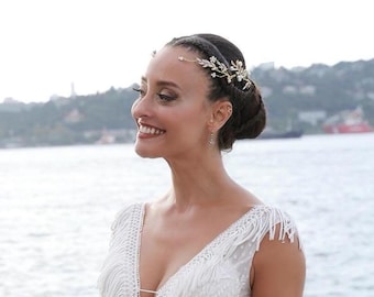 Tocado de novia dorado, accesorio vintage para el cabello con hojas y perlas