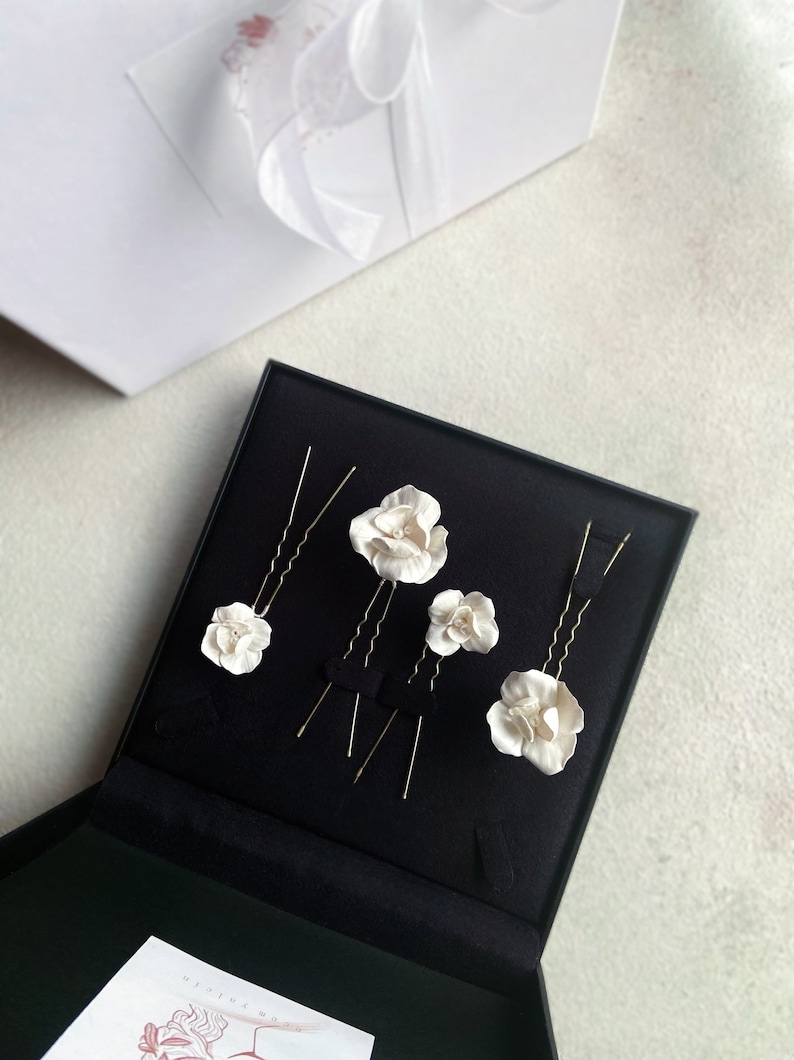 Bridal Floral Hair Pin Set, Porcelain Clay Flower Pins, Wedding Hair Accessory, Ivory Ceramic Hair Piece image 7