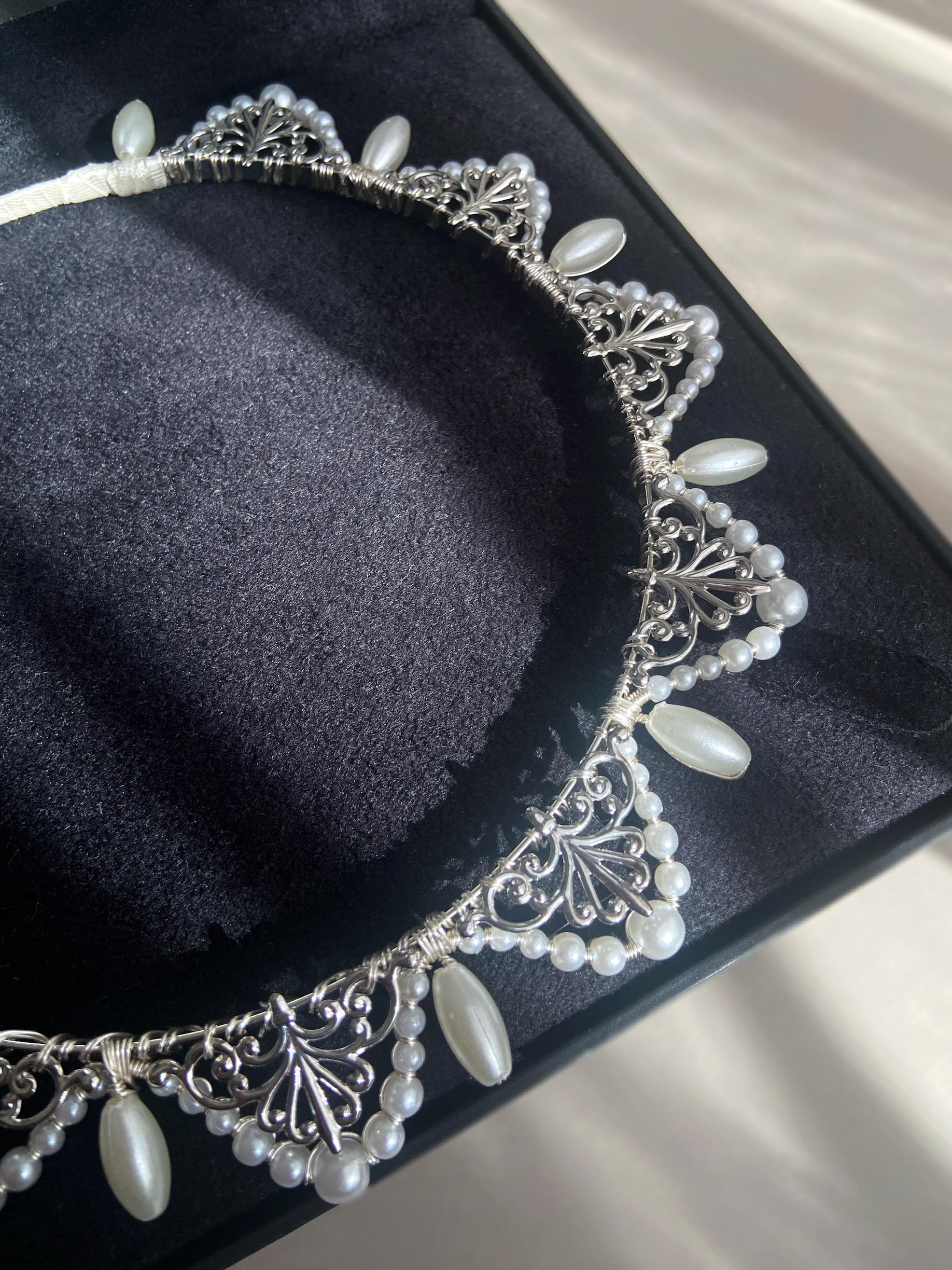 Silver Art Deco Wedding Crown with Pearl Beads, Vintage Style Headband for Bride