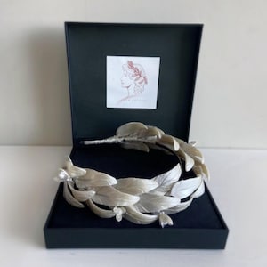 Handmade Greek Goddess Wedding Crown, Silver Porcelain Leaf Bridal Headband