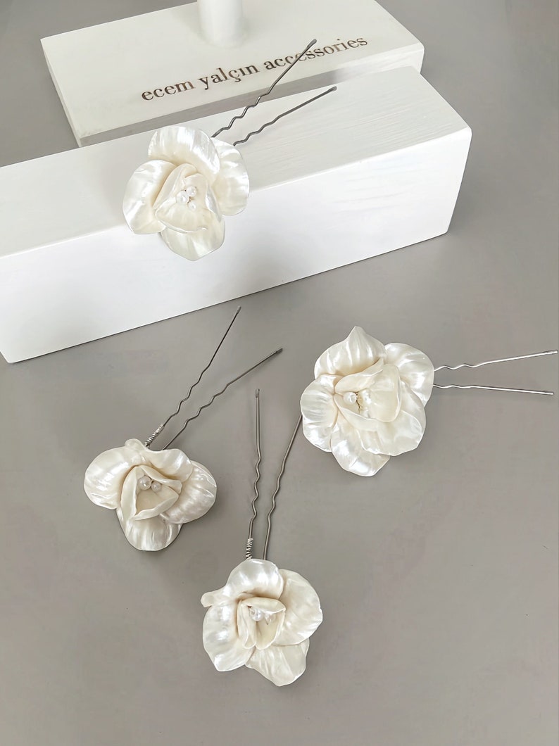 Bridal Floral Hair Pin Set, Porcelain Clay Flower Pins, Wedding Hair Accessory, Ivory Ceramic Hair Piece image 4