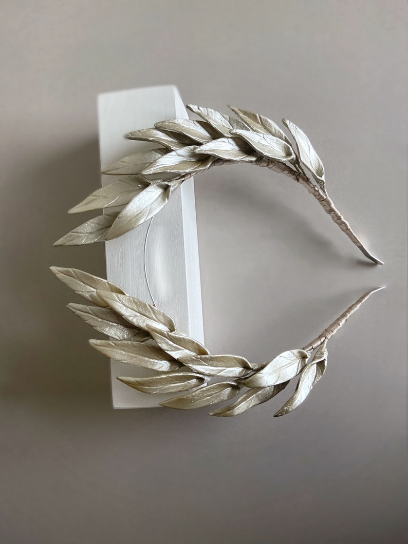 Diadema nupcial de hoja de laurel blanca, tocado de boda griego hecho a mano Platin