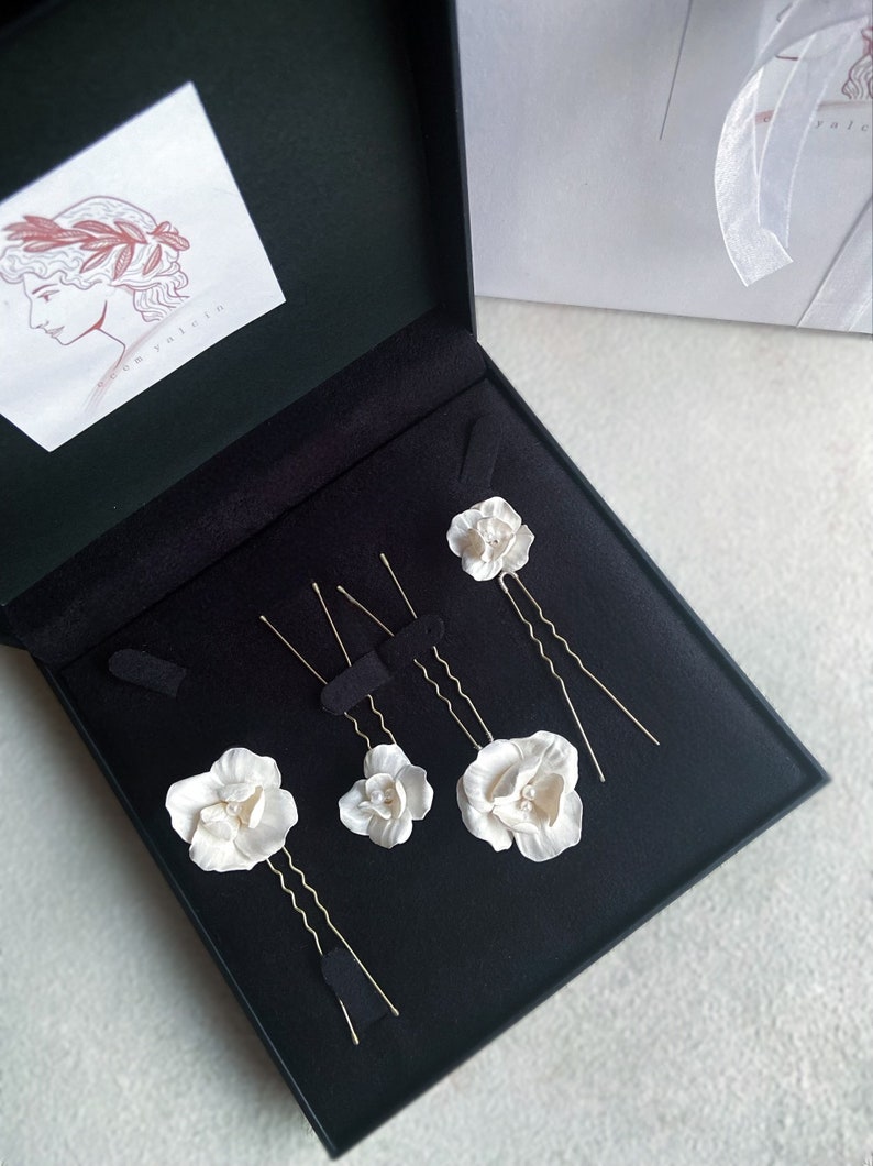 Bridal Floral Hair Pin Set, Porcelain Clay Flower Pins, Wedding Hair Accessory, Ivory Ceramic Hair Piece image 6