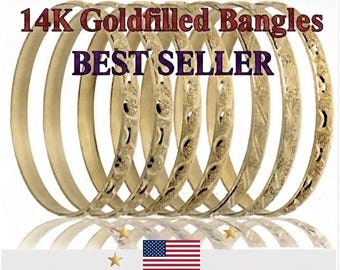 14K Gold Filled Semanario Bangles Set (7 Pieces) – Diamond Cut, 6-Month Warranty