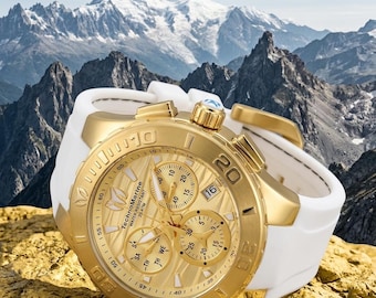 Reloj cronógrafo TechnoMarine Cruise en tono dorado, con correa de silicona blanca.