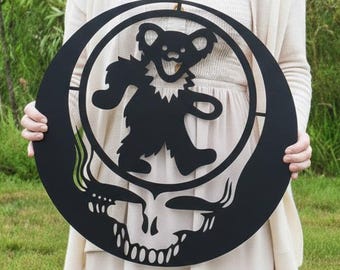 Steal Your Face Grateful Dead Dancing Bear Metal Sign – Psychedelic Wall Art for Music Room, Metal Wall Decor, or Hippie Deadhead Gift