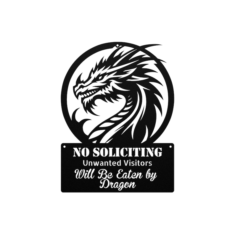 Funny No Soliciting Sign | Dragon Will Eat You Metal Sign | Custom Outdoor Warning Sign | Personalized Steel Wall Art for Home & Business image 2