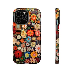 Coque de téléphone rétro Hippie Peace Vibe écusson cousu main look Cottagecore Coque de téléphone | Couleurs florales d'automne chaudes et vintage pour iPhone, Pixel, Samsung