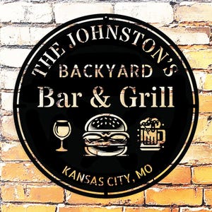 Personalized Bar & Grill Metal Sign – Custom BBQ, Bar, Patio, Backyard, Deck, Outdoor Kitchen or Man Cave Wall Art for Him