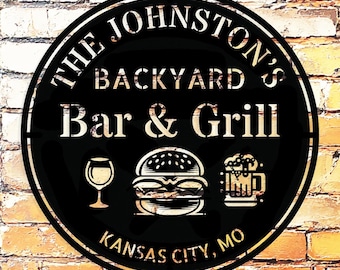 Personalized Bar & Grill Metal Sign – Custom BBQ, Bar, Patio, Backyard, Deck, Outdoor Kitchen or Man Cave Wall Art for Him