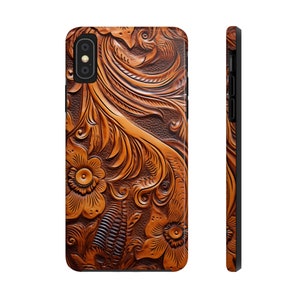 Western Cowboy Style Carved Leather Look iPhone Case, Rustic Retro Tough Cover for iPhone 14 13 12 7 8 SE, Samsung Galaxy, Boho Hippie Gift