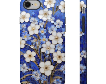 Forget Me Nots Floral Blue gold Mosaic Tile Glass Phone Case for iPhone 15, 14, Pro Max, 13, 12, Samsung S23, S22, S21, Google Pixel 7
