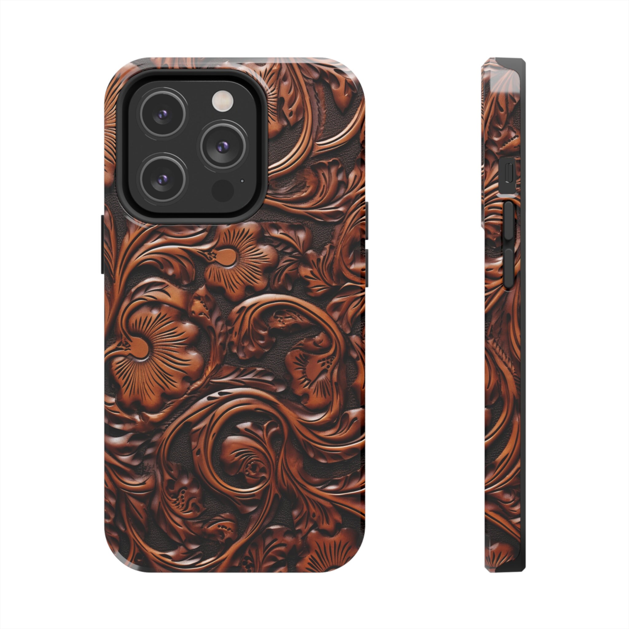Western Cowboy Carved Leather Style Phone Case, Rustic
