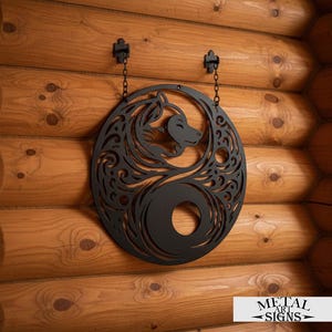 Two Headed Wolf Norse Metal Sign – Viking Wall Art Nordic Mythology Decor Rustic Steel Wall Hanging Lodge Metal Wall Decor Norse Symbol Art