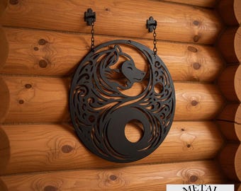 Two Headed Wolf Norse Metal Sign – Viking Wall Art Nordic Mythology Decor Rustic Steel Wall Hanging Lodge Metal Wall Decor Norse Symbol Art