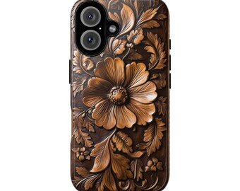 Coque de portable style cowboy western en cuir sculpté - Coques personnalisées pour iPhone et Samsung | Étui de protection rustique | Design occidental | Coque de portable fleurie