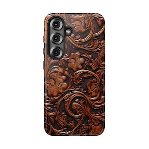 Western Cowboy Carved Leather Style Phone Case, Rustic Vintage Design iPhone 16, 15, Pro Max, 13, 12, Samsung S25, S24, S23, Google Pixel 9
