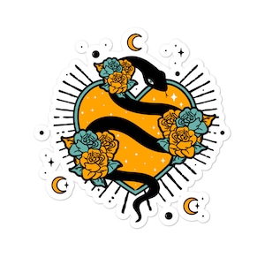 Calcomanía de serpiente negra, astrología de pegatinas de Boho del corazón, serpiente engomada gódata, impresión floral gitana, pegatinas piratas sin burbujas de tatuaje