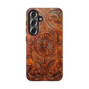 Western Cowboy Carved Leather Style Phone Case Rustic Rodeo Design for iPhone 16 15 13 12 Pro Max Samsung S25 S24 Google Pixel